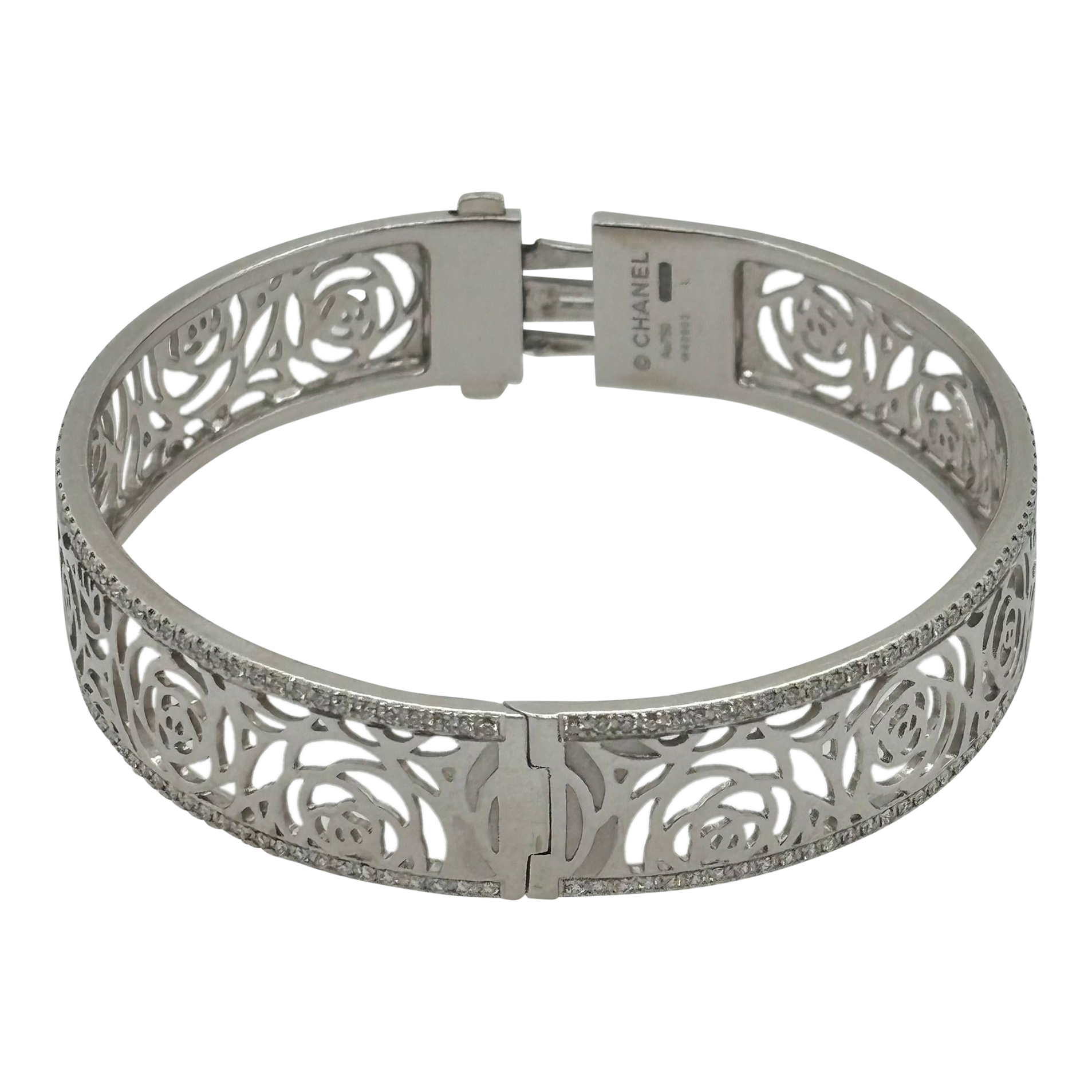 Chanel Camellia 18k White Gold Ajoure Bracelet With Diamonds