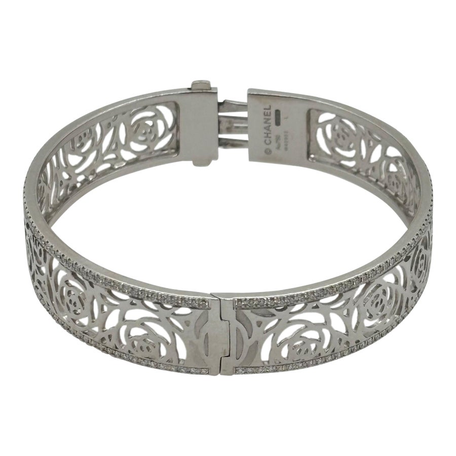 Chanel Camellia 18k White Gold Ajoure Bracelet With Diamonds