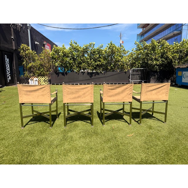 Metal Vintage Campaign Maison Jansen Style, Pace Chrome Table & Director Arm Chairs, Suede Leather Chrome and Brass C. 1970s For Sale - Image 7 of 12