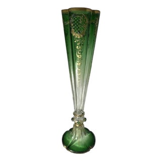 Antique Moser Green to Clear Trumpet Vase: Bohemian Gold Gilt Decor (18.5") For Sale