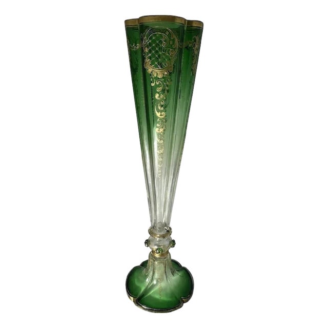 Antique Moser Green to Clear Trumpet Vase: Bohemian Gold Gilt Decor (18.5") For Sale