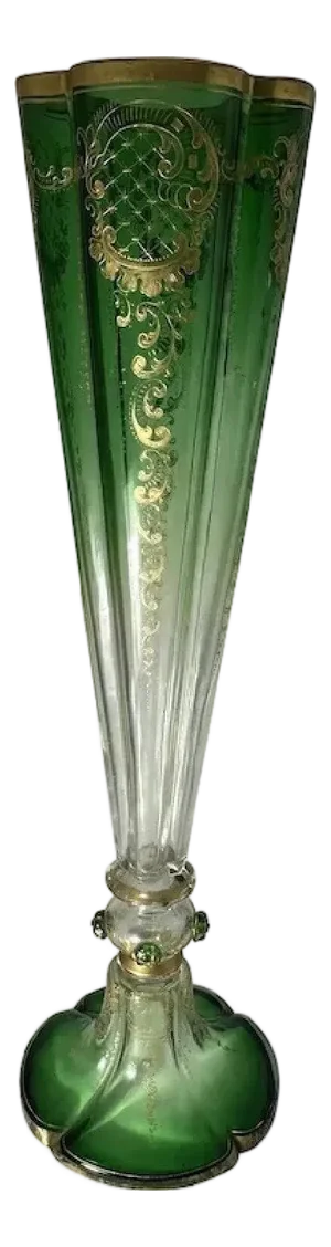 Antique Moser Green to Clear Trumpet Vase: Bohemian Gold Gilt Decor (18.5")