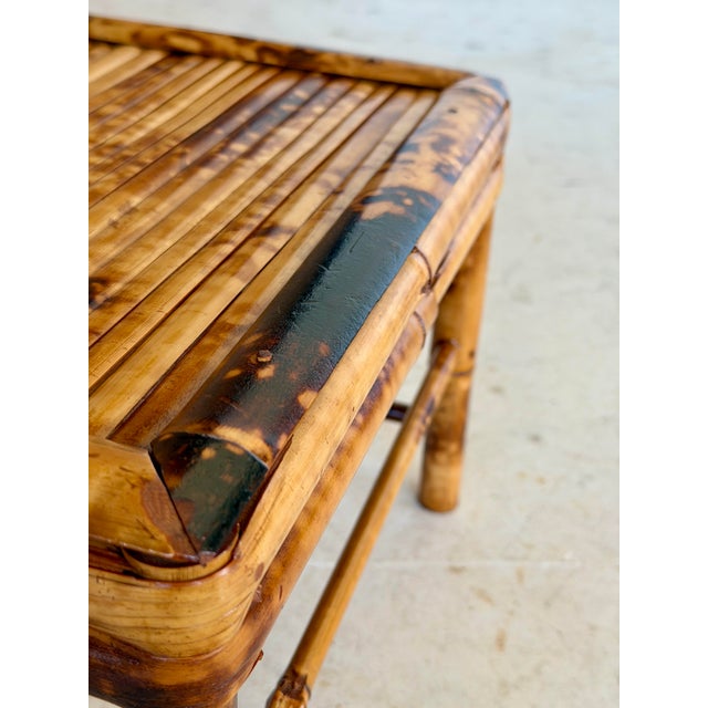 Vintage British Colonial Coastal Scorched Bamboo Stool or Decorative Accent Table For Sale - Image 9 of 11