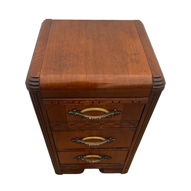 Art Deco 1920s Art Deco Nightstand Bed Side Table Three Drawers Bakelite Handles Waterfall Top For Sale - Image 3 of 12