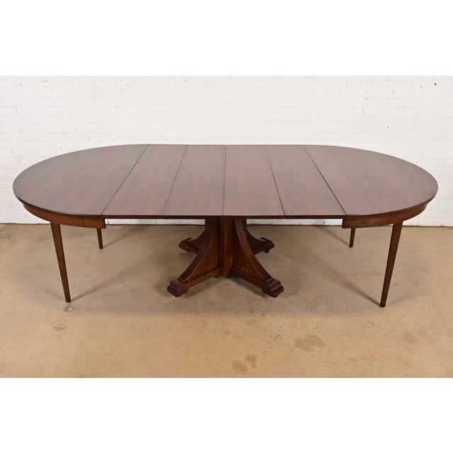 Stickley Brothers Antique Mission Oak Arts & Crafts Pedestal Extension Dining Table, Newly Refinished For Sale In South Bend - Image 6 of 14