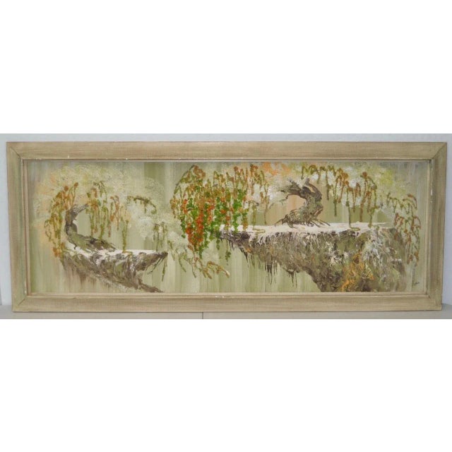 Mid Century Modern Surreal Acrylic & Rock Painting c.1950s Surreal hanging forest landscape created with acrylic paints...