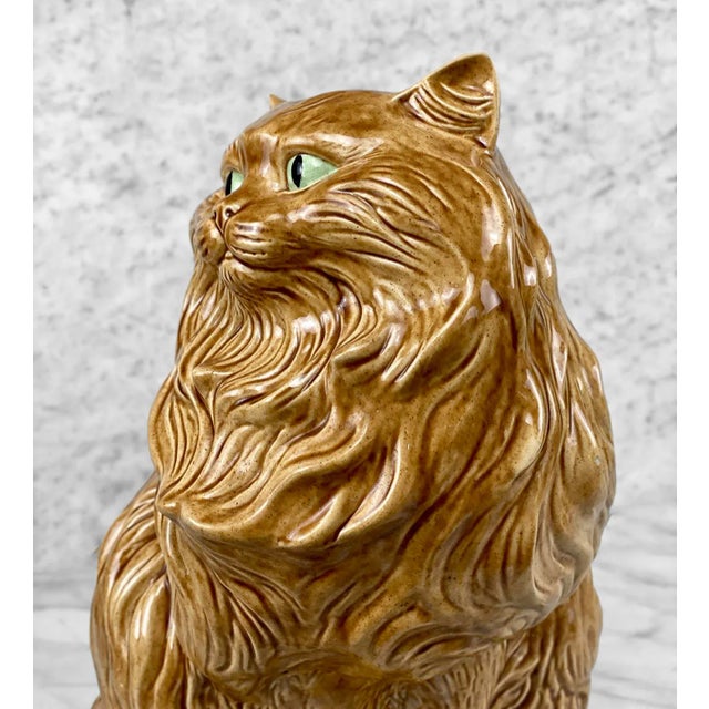 Brown Mid-Century Large Porcelain Long-Haired Brown Cat Sculpture For Sale - Image 8 of 11