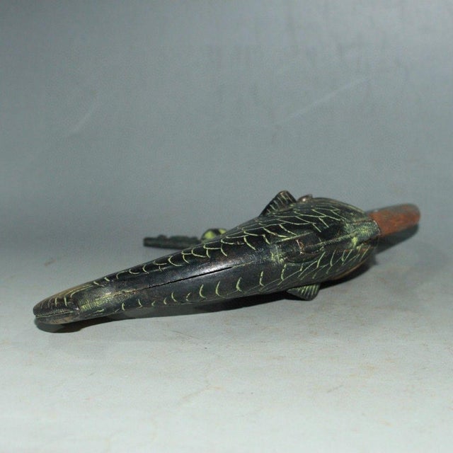 Bronze Vintage Nepalese Brass Fish Padlock With Skeleton Keys - Tibetan Style Lock For Sale - Image 8 of 9