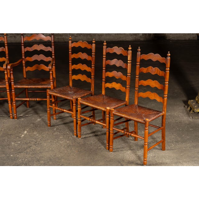 French Provincial Set of Seven Mid-Century French Country Ladder Back Chairs With Rush Seats For Sale - Image 3 of 9