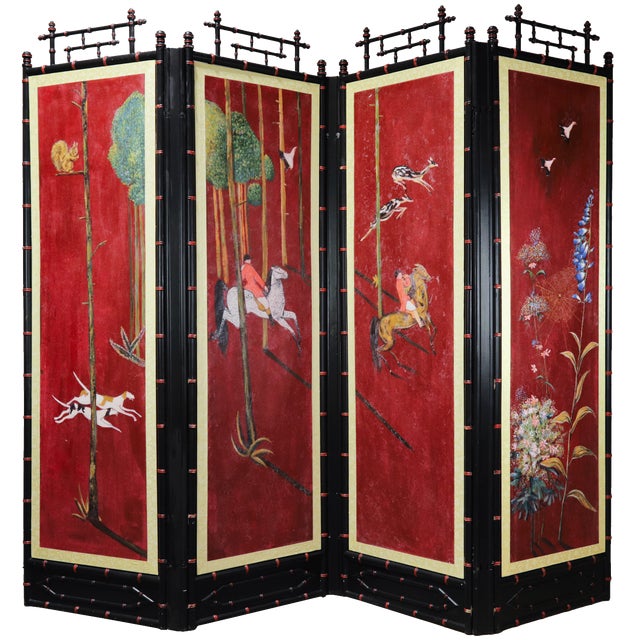 Vintage Chinoiserie Four-Panel Folding Screen – Hand-Painted English Hunting Scene With Black Faux Bamboo Frame For Sale In New York - Image 6 of 17
