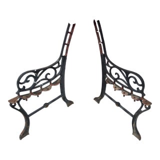 Antique Cast Iron Park Bench Ends With Scrollwork 27.25" Small Garden Bench Side Legs Set of 2 Worn For Sale