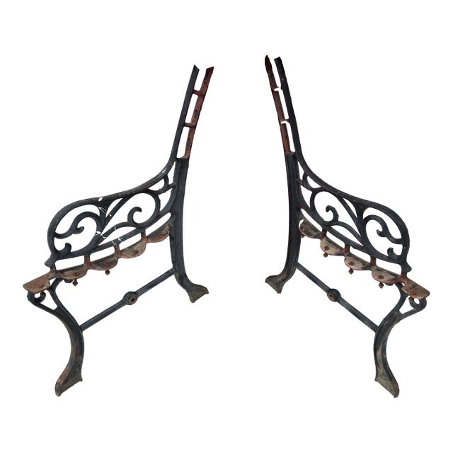 Antique Cast Iron Park Bench Ends With Scrollwork 27.25" Small Garden Bench Side Legs Set of 2 Worn For Sale