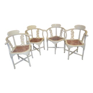 1930s Set of 4 Vintage Asian Chinoiserie White Wooden Corner Arm Chairs With Pink Marble Seats For Sale