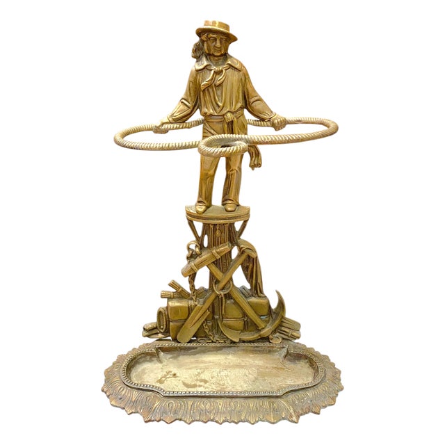 Early 20th Century French Gilt Bronze Umbrella Stand 26"h Nautical Sailor Anchor Decor Antique For Sale