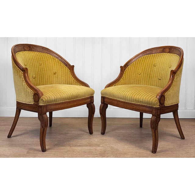 - A Pair of 1970's Neoclassical Style Club Chairs - Mahogany Frames with an Original Deep Satin Finish - Original Gold...