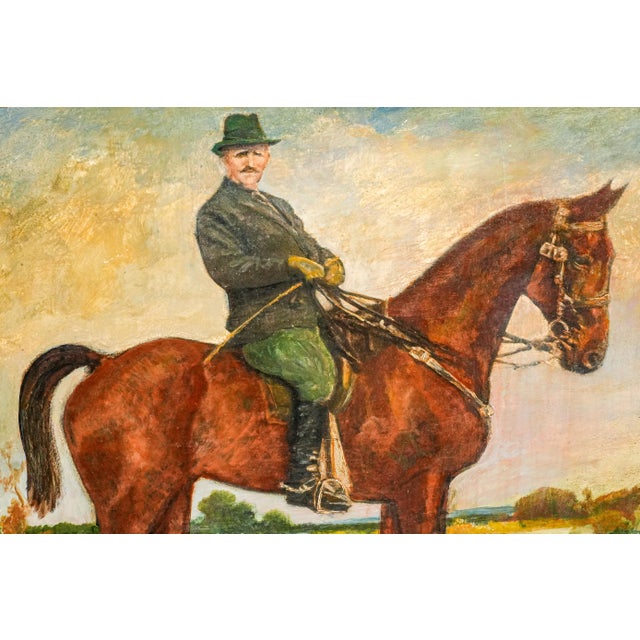 This captivating painting features a distinguished gentleman astride a majestic horse, set against a serene, natural...