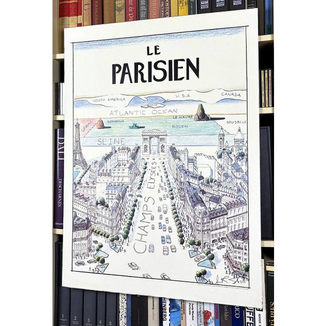 Paper The Parisian View of the World From the Champs Elysees a La Saul Steinberg Original 1984 Paris Poster For Sale - Image 7 of 8