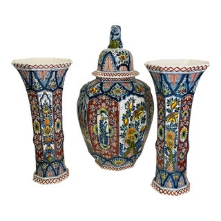 1900s Boch Delft Pair of Vases and a Ginger Jar - 3 Piece Set For Sale