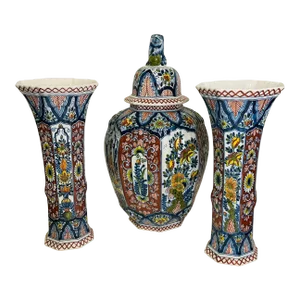 1900s Boch Delft Pair of Vases and a Ginger Jar - 3 Piece Set
