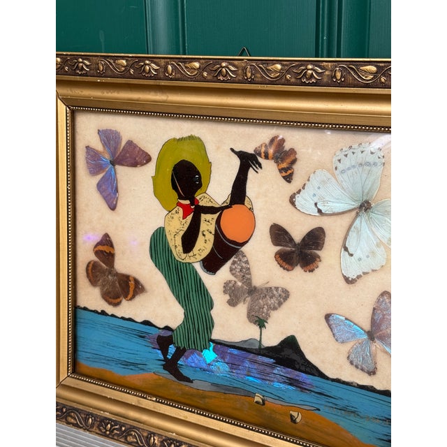 Vintage African Folk Art Iridescent Morpho Butterfly Wing Mosaic Made in Brazil For Sale - Image 10 of 15