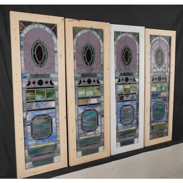 Set of Gothic Wood Framed Leaded Stained Glass Windows For Sale - Image 10 of 10