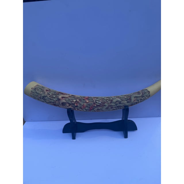 Vintage Mid-Century Chinoiserie Faux Ivory Carved Resin Dragon Tusk 23” Long Statement Piece For Sale - Image 9 of 12
