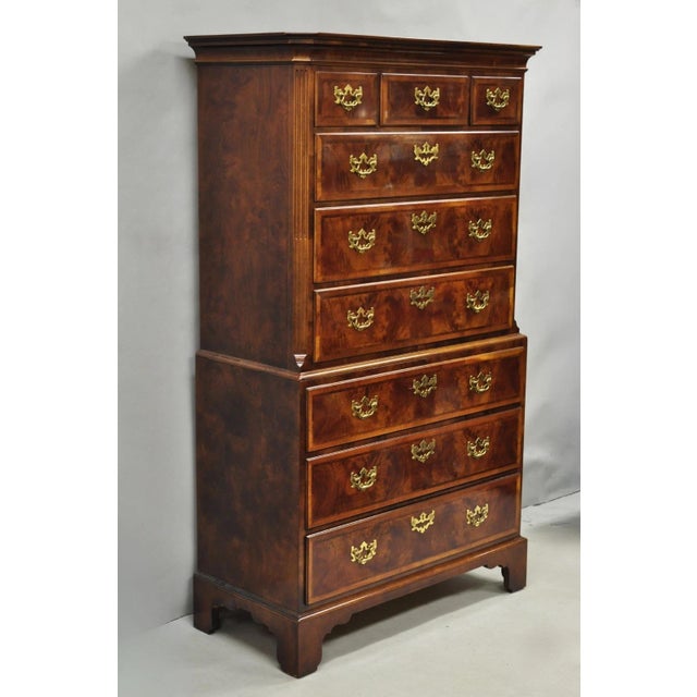 Henredon Aston Court Burl Wood Georgian Style Mahogany 9 Drawer Tall Chest Highboy Dresser with Solid Brass Hardware. Item...