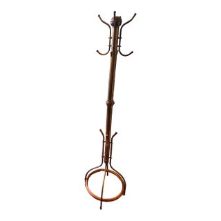 Antique Brass Coat Tree With Elm Foot Bar For Sale