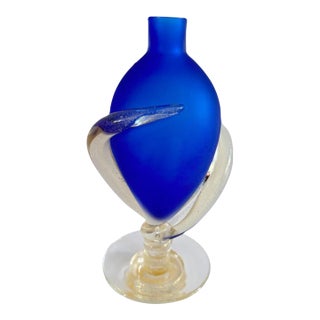 1980s Signed Marino Santi Murano Blue Glass Vase For Sale