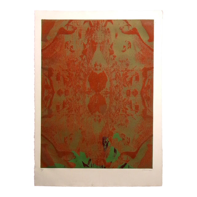 Ted Thomas Hand Signed Fine Art Etching Abstract Red Green 1970s For Sale
