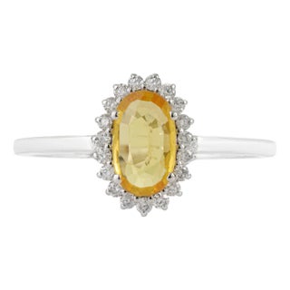14k Gold Art Deco Natural Yellow Sapphire & Diamond Halo Ring Size 8 For Sale