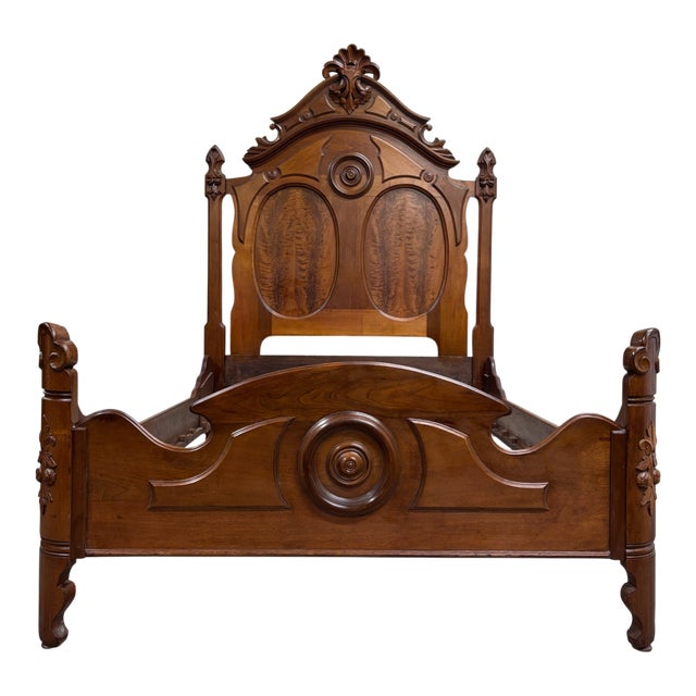 Antique Full Size Victorian Eastlake Carved Walnut and Flame Mahogany Bed For Sale