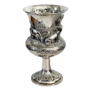 Antique English Sterling Silver Goblet W/Repoussé Pastoral/ Rural Animal Scenes 7" H For Sale