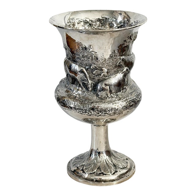 Antique English Sterling Silver Goblet W/Repoussé Pastoral/ Rural Animal Scenes 7" H For Sale