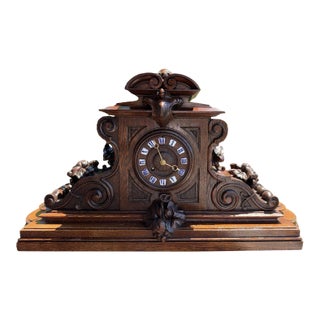 Large 19th Century Carved Black Forest Mantel Clock For Sale