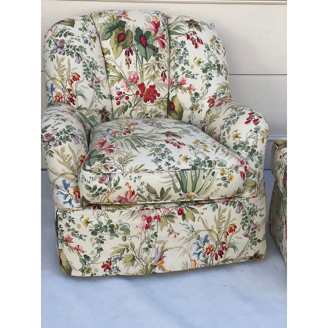 Green George Smith Attr. Floral Swivel 2 Armchairs and Ottoman For Sale - Image 8 of 11