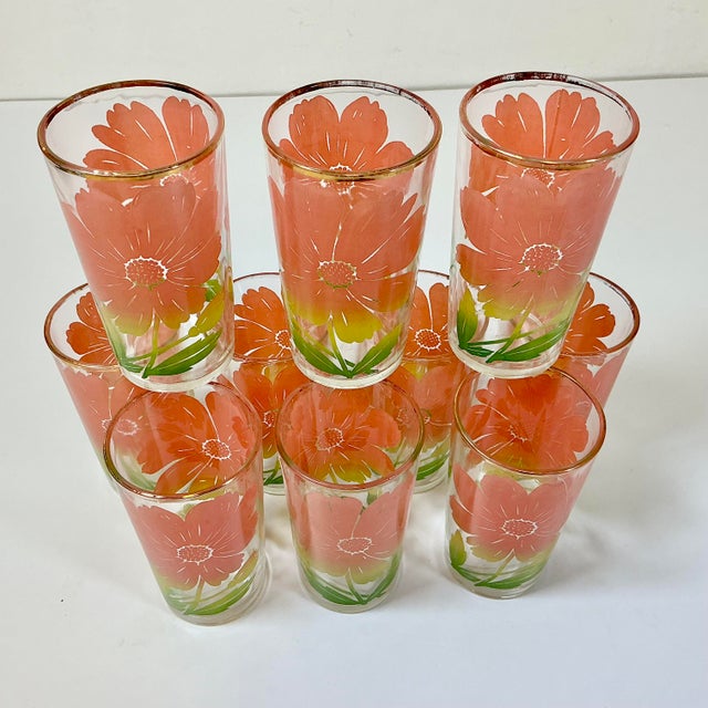 1950s Vintage Americana Boho Chic Federal Glass Company Coral Daisy Glassware -Set of 8 For Sale - Image 4 of 11