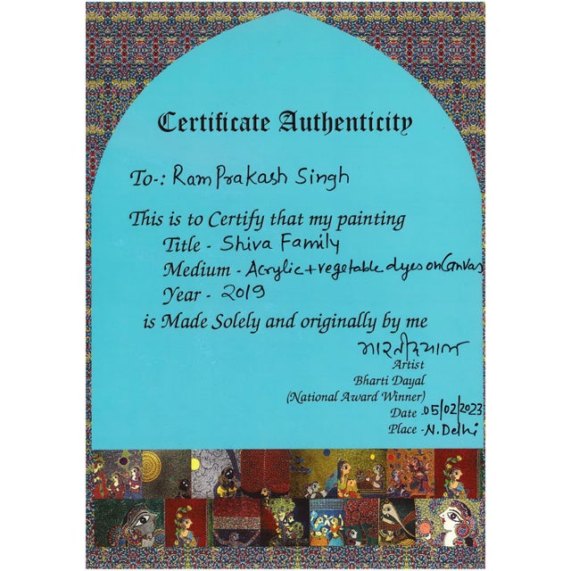 Bharti Dayal Signed Shiva Family Hand-Painted Madhubani Folk Art Painting, 2019 – Large Original Canvas For Sale In Houston - Image 6 of 6