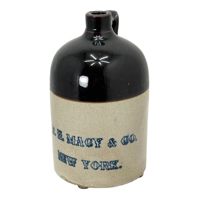 Antique American Blue Decorated Stoneware 1 Gallon Advertising Spirits Jug From Macys New York City For Sale