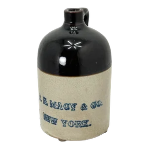 Antique American Blue Decorated Stoneware 1 Gallon Advertising Spirits Jug From Macys New York City