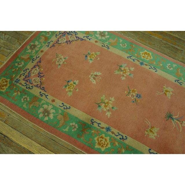 Early 20th Century 1930s Pink Rose Floral Antique Art Deco Runner Rug 3' X 11' Handknotted Wool Carpet For Sale - Image 5 of 6