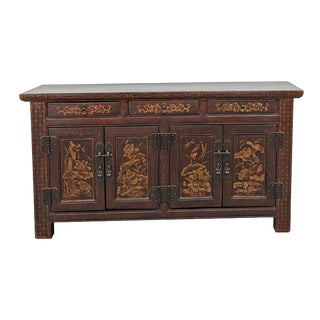 Chinese Lotus Flower Solid Wood Sideboard For Sale