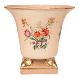 Vintage 1940s Princeton China Footed Urn Vase – Peach Glaze, Floral Motif & Gold Accents For Sale