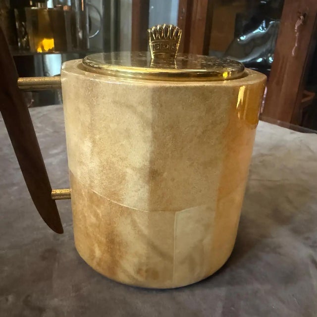 Beige 1950s Aldo Tura Mid-Century Modern Goatskin and Brass Ice Bucket For Sale - Image 8 of 11