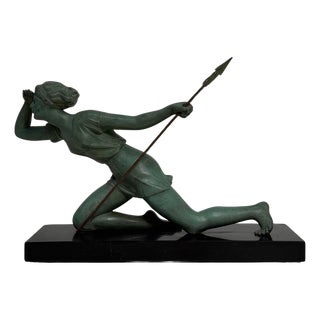 Laurens, French Art Deco Sculpture of Diana the Huntress, 1930s, Bronze on Marble Base For Sale
