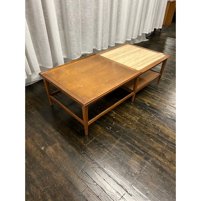 Wood Mid-Century Walnut Coffee Table With Travertine Inset and Caned Shelf by Heritage For Sale - Image 7 of 8
