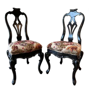 Pair of 1990s Bausman Portuguese Queen Anne Side Chairs – Floral Upholstery With Distressed Wood Frame