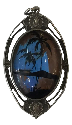 1920s Sterling Pendant With Hand Painted Landscape on a Butterfly Wing