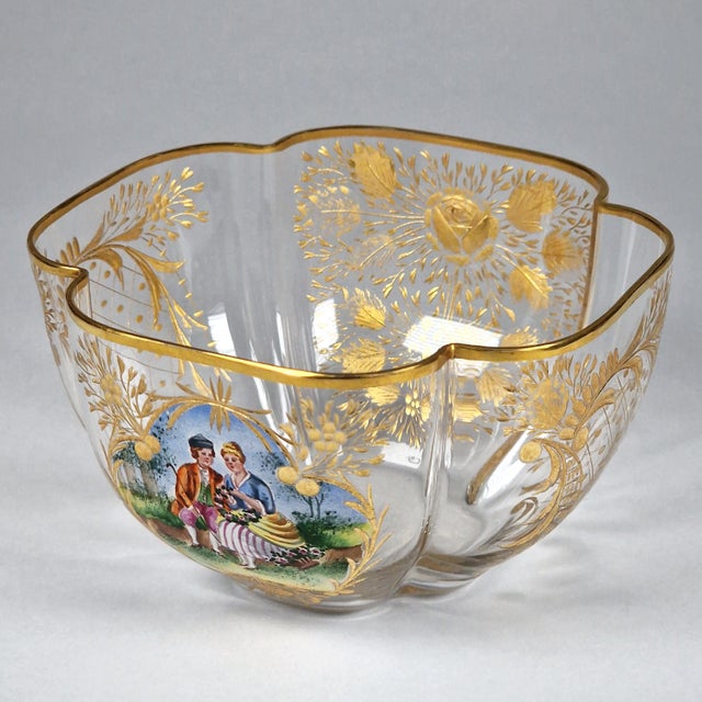 Antique Quatrefoil Gilded Glass Bowl Austrian Bohemian Cut Enamel Watteau Style For Sale In Seattle - Image 6 of 17
