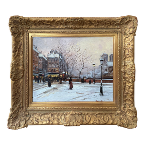 Arsene Henri, Place D. Notre Dame Au Neige, Oil on Panel, C. 1950, Framed